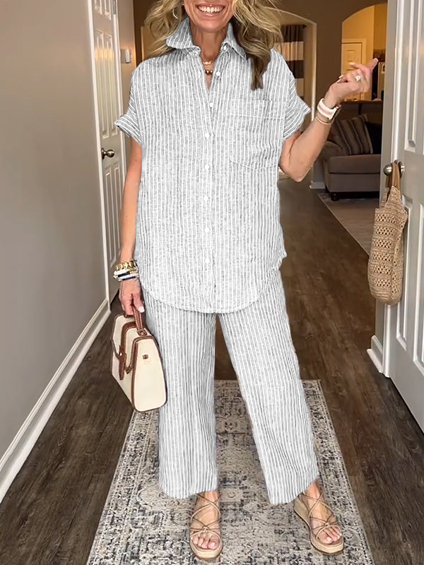 NEW💥 Cotton Linen Striped Classic Pocket Shirt Set