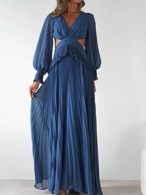 Backless Pleated Long Sleeve Maxi Dress