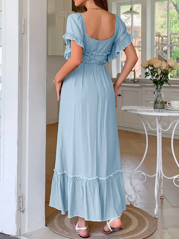 Square Neck Puff Sleeve Ruffle Trim Maxi Dress