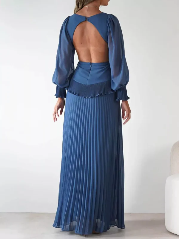 Backless Pleated Long Sleeve Maxi Dress