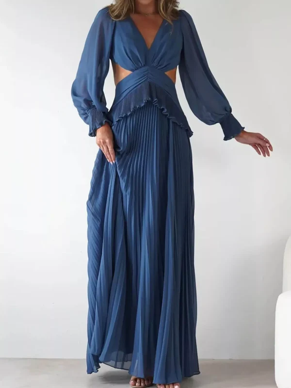Backless Pleated Long Sleeve Maxi Dress