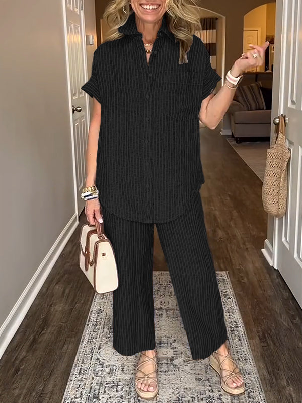 NEW💥 Cotton Linen Striped Classic Pocket Shirt Set